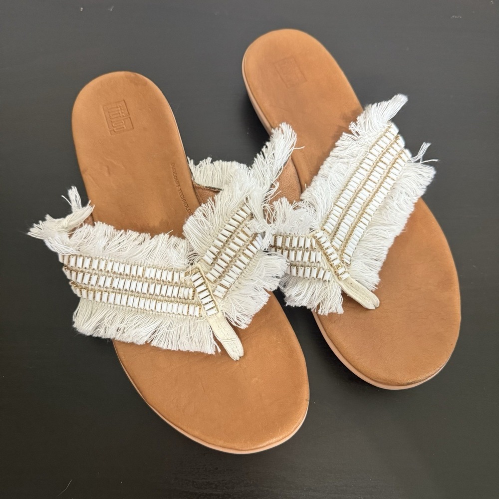 Fitflop Ava Crystalstone Fringy Sandal Size 10‎ White Toe Post Orthopedic Shoe